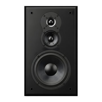 Black three-way speaker isolated PNG on transparent background, audio equipment for home entertainment and professional sound systems