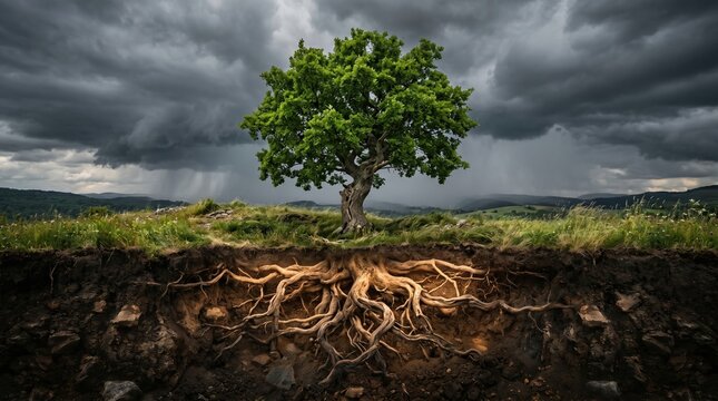 Cross section of soil showing lush green oak tree root system under stormy dark sky with underground, environment