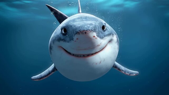 Underwater adventure with a smiling shark swimming in the ocean near a coral reef in the morning light