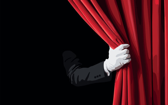 Mysterious magician pulling red velvet curtain on dark stage for dramatic reveal