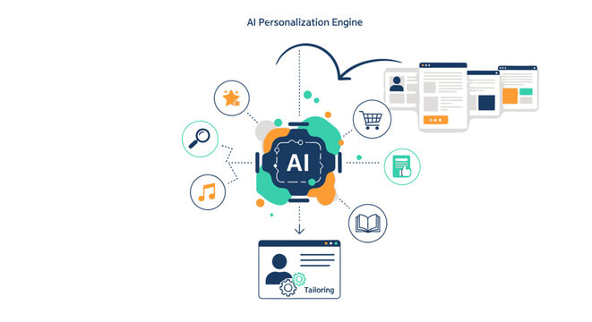 AI personalization engine infographic with user data and interface icons