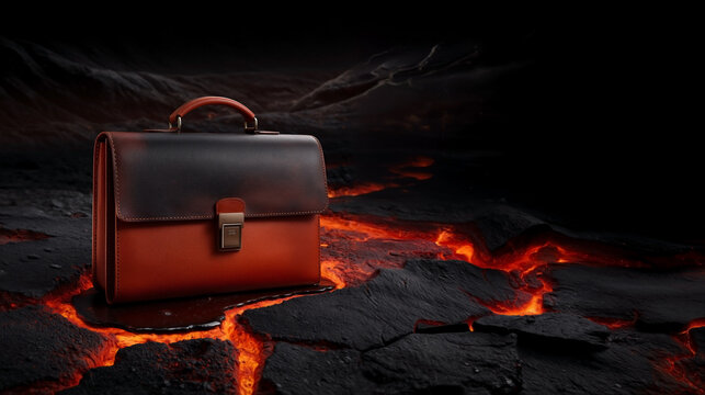 Premium leather briefcase melting into black tar liquid on cracked glowing lava floor inside dark cavernous workspace with striking orange and black contrast