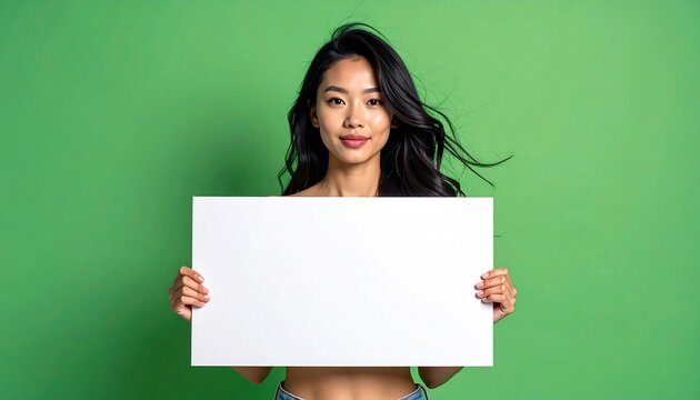 Smiling East Asian Woman Presenting Blank White Board on Green