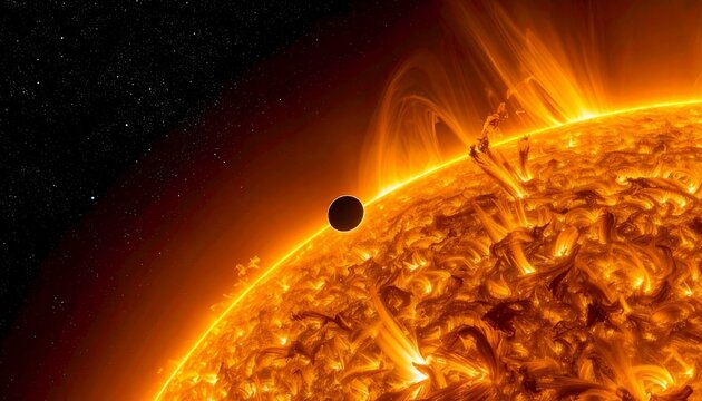 Mercury transit across the sun with solar flares and fiery corona