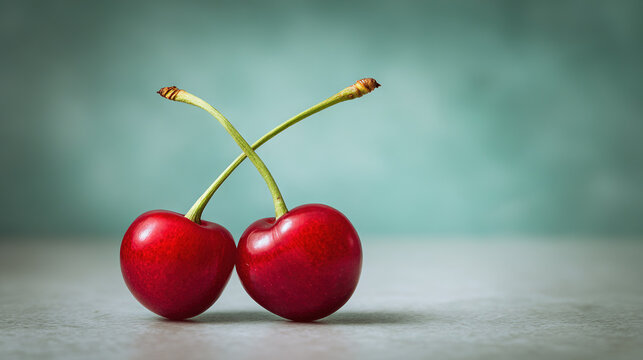 Two Red Cherries with Stem on Neutral Background