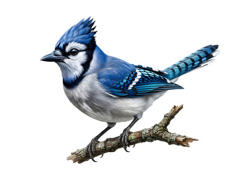 Vibrant blue jay perched on twisted tree branch with crisp A vibrant blue jaybird perched isolated on a transparent background