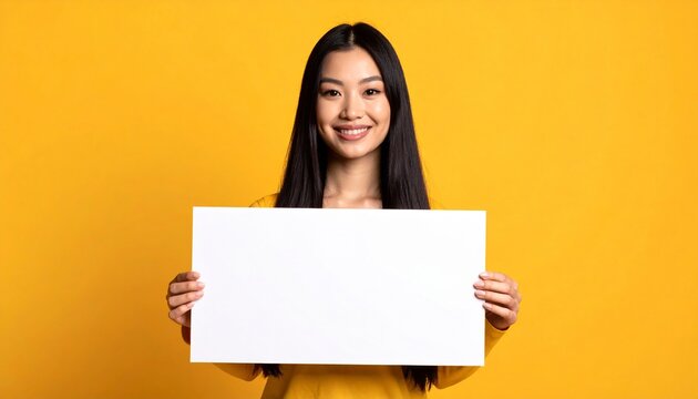 Confident East Asian Woman Holding Blank Sign on Yellow Background
