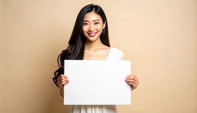 Confident East Asian Woman Holding Blank Sign on Beige Background