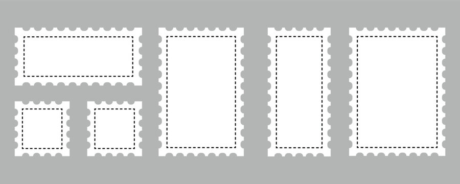 Set of postage stamps. Blank postcard and letter stamp templates collection. Postage stamp with dotted rectangular shape. Vector illustration. 