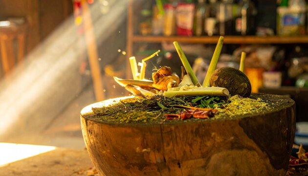 Fresh turmeric and herbal jamu ingredients in coconut mortar with sunlight