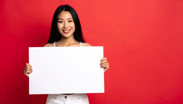 East Asian Woman with Natural Makeup Holding Blank Signboard