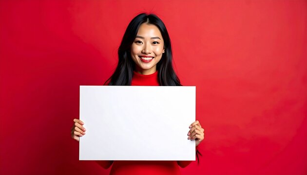 Confident East Asian Woman Holding Blank Sign on Red Background