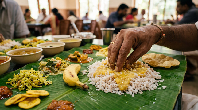 Traditional South Indian meal eaten by hand on banana leaf.