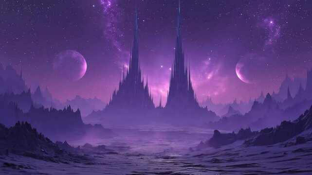 Explore a distant alien landscape with tall towers and planets in the sky during a colorful cosmic event