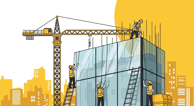 Construction Crew Building a Modern Skyscraper Under a Bright Yellow Sky