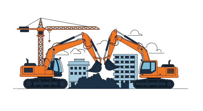 Construction Equipment Working Together to Form Modern Metropolis Illustration