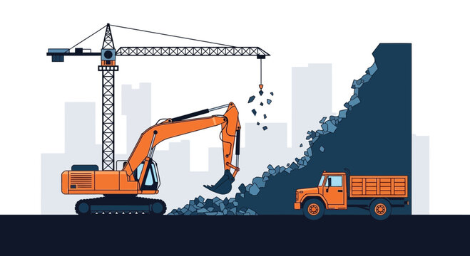 Construction Equipment Working Together to Form Elements For City Development Illustration