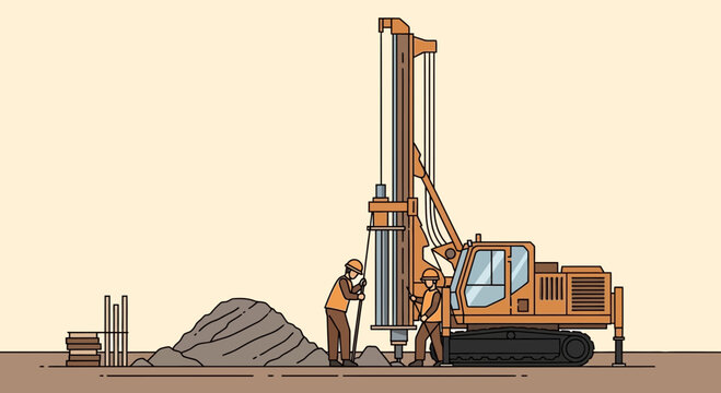 Construction Crew Operating Industrial Drill at a Jobsite for Infrastructure Development