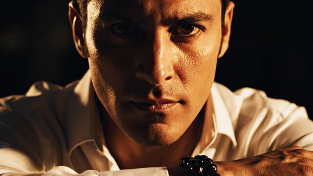 Handsome man with intense gaze wearing beaded bracelets