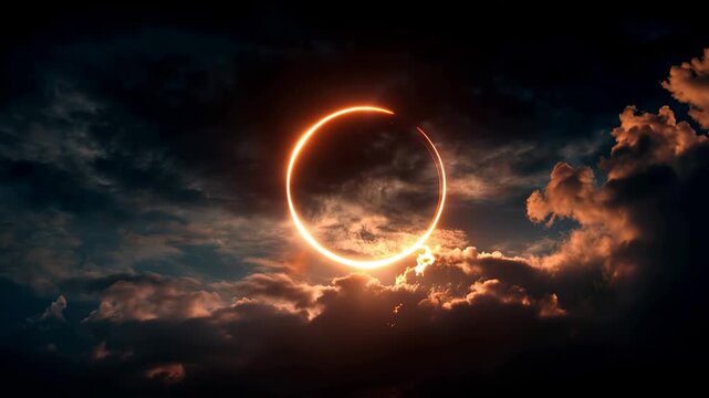 View of solar eclipse with clouds in the sky at dusk on a clear day in a quiet town