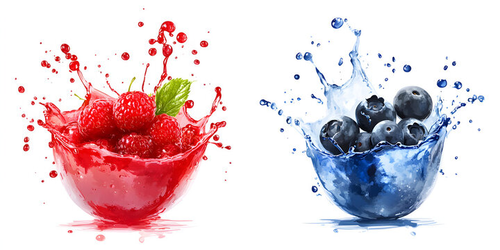 Dynamic splashes of red raspberry and blue blueberry juice isolated on a white background