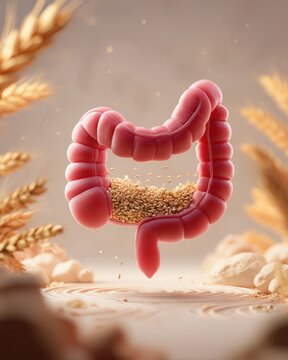 human intestine floating on ivory background, wheat grains inside