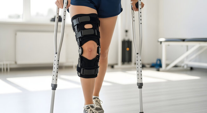 Woman in knee brace walking with crutches in rehabilitation center. Recovery after surgery, orthopedic injury and healthcare. AI generated.
