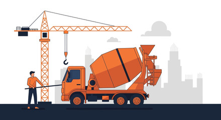 Fototapeta premium Construction Site Illustration Showcasing Concrete Mixer Truck and Crane With Engineering Worker