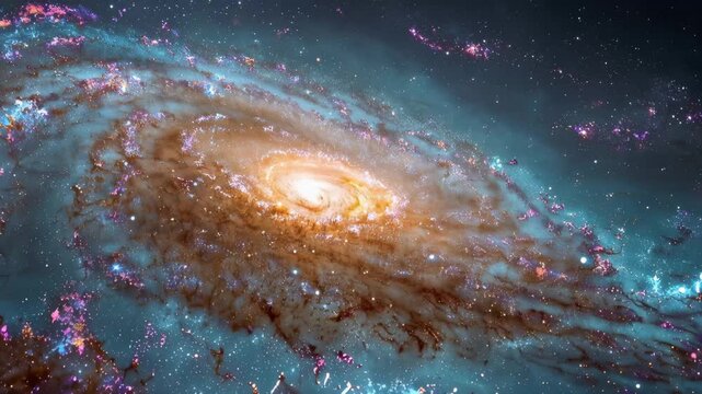 Watch a stunning view of a galaxy with swirling stars and bright colors captured in deep space at night