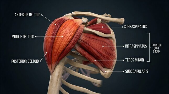 Detailed Anatomical Representation of Shoulder Muscles Including Deltoids and Rotator Cuff Group With Labels for Each Muscle Part
