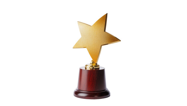 Golden star trophy with polished wood base, isolated on transparent background