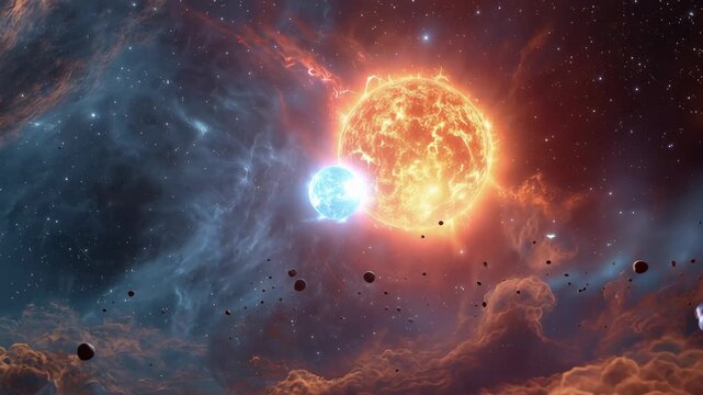 Two stars shine bright in the night sky among distant planets and cosmic clouds in a vast galaxy scene