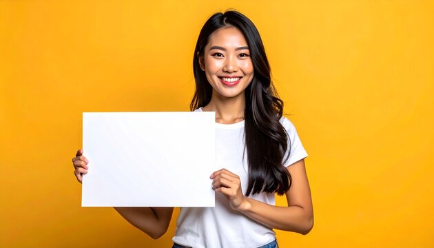 Young Asian Woman Holding Blank White Sign for Your Text on Yellow Background
