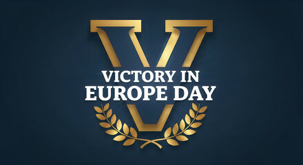 A commemorative graphic design celebrating the historic victory in europe day with a large v logo.
