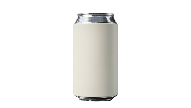 Blank beige beverage can with silver top and bottom, isolated on transparent background