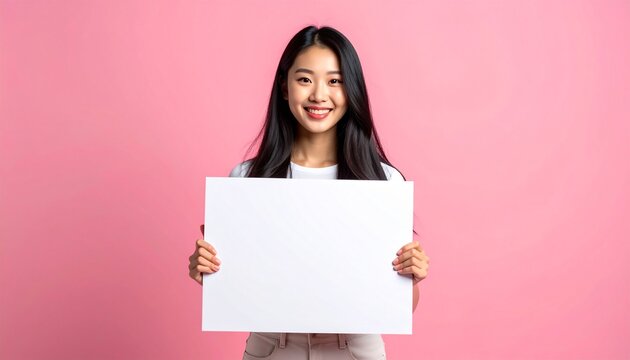 Smiling Asian Woman Presenting Blank White Board on Pink Studio Background