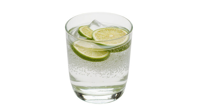 Clear glass with sparkling water ice cubes and lime slices, isolated on transparent background