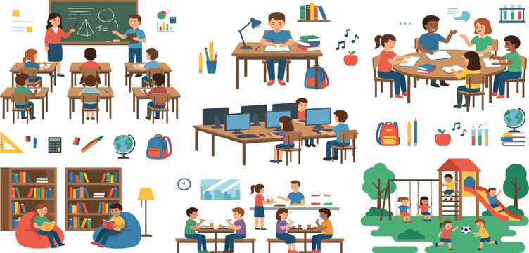 Flat Vector Illustration Set of Elementary School Students Learning in Classroom Library Computer Lab Playground and Eating Lunch,