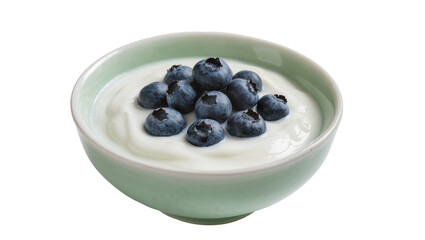 Pale green ceramic bowl filled with creamy white yogurt and fresh blueberries, isolated on transparent background © Roxana