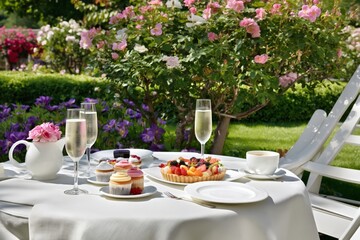 Fototapeta premium Brunch With Desserts and Drinks in a Garden Setting During Daylight