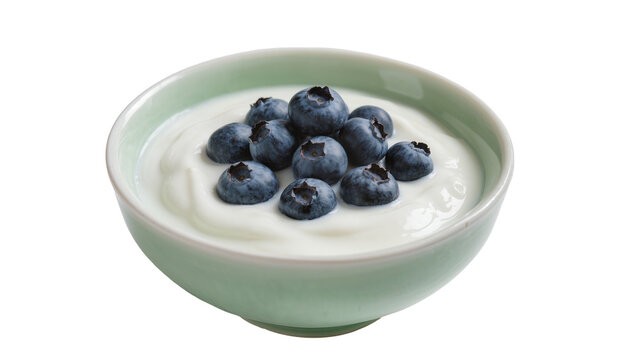 Pale green ceramic bowl filled with creamy white yogurt and fresh blueberries, isolated on transparent background