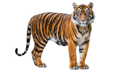 Obraz premium Majestic Bengal tiger with orange and black stripes standing alert, isolated on transparent background