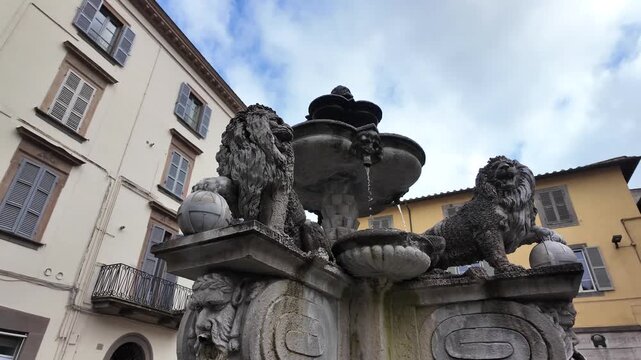 Medieval Lion Fountain Details In Viterbo Italy