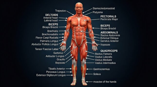Human Anatomy Illustration Showing Major Muscle Groups and Their Names With Clear Labels for Each Section and Muscle at Different Angles