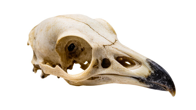 Detailed bird skull with sharp beak and eye sockets, isolated on transparent background