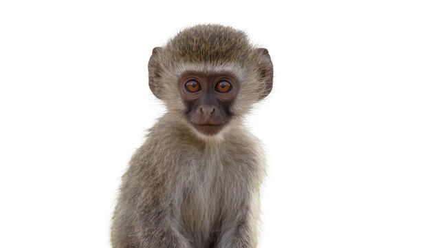 Young vervet monkey with fluffy fur and dark eyes, isolated on transparent background