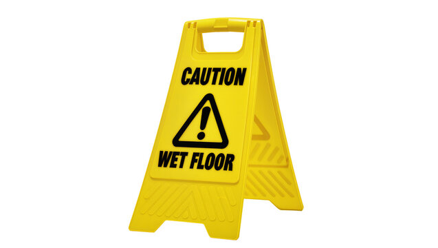 Yellow plastic A-frame caution wet floor sign with black text and symbol, isolated on transparent background