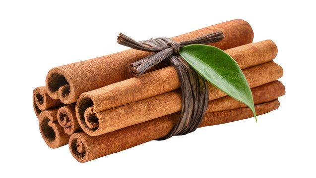 Bundle of cinnamon sticks tied with twine and a green leaf, isolated on transparent background