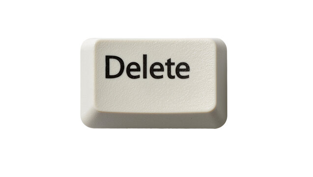 Single white computer keyboard delete key with black text, isolated on transparent background
