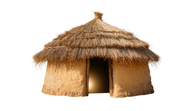 Traditional thatched mud hut with conical roof, isolated on transparent background